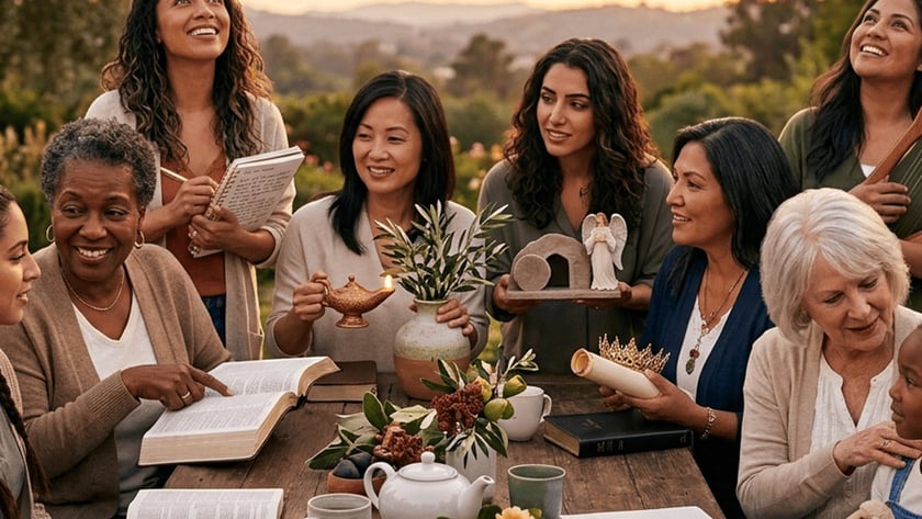 Mulheres diversas e uma menina ao redor de mesa rústica ao ar livre com Bíblias e objetos simbólicos