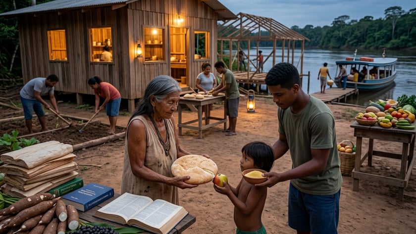 Idosa entrega pão a uma criança diante de casas de madeira à beira do rio.