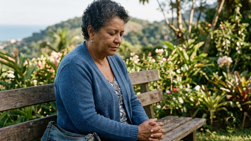 Mulher de cabelo curto e casaco azul sentada num banco de madeira, de mãos unidas, em jardim.