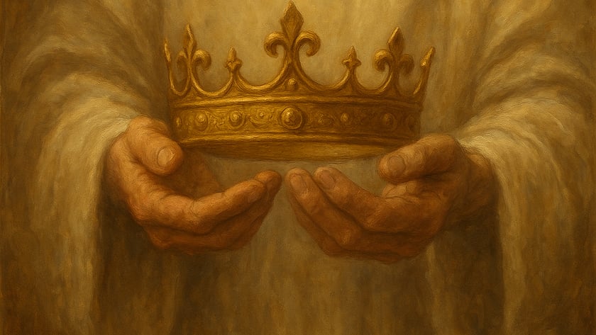 Mãos abertas de uma figura de túnica clara seguram uma coroa dourada.