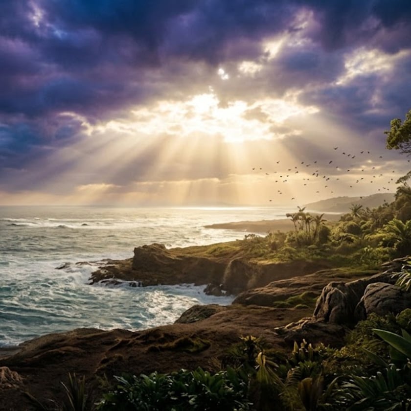 Costa rochosa com vegetação tropical, mar agitado e raios de sol entre nuvens escuras.