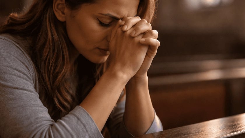 Mulher de cabelos castanhos com as mãos unidas junto à testa, orando em um banco de igreja.