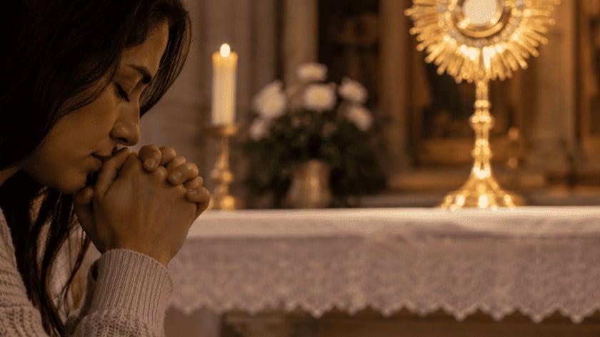 Mulher de cabelo escuro reza com as mãos juntas diante de um ostensório dourado no altar.