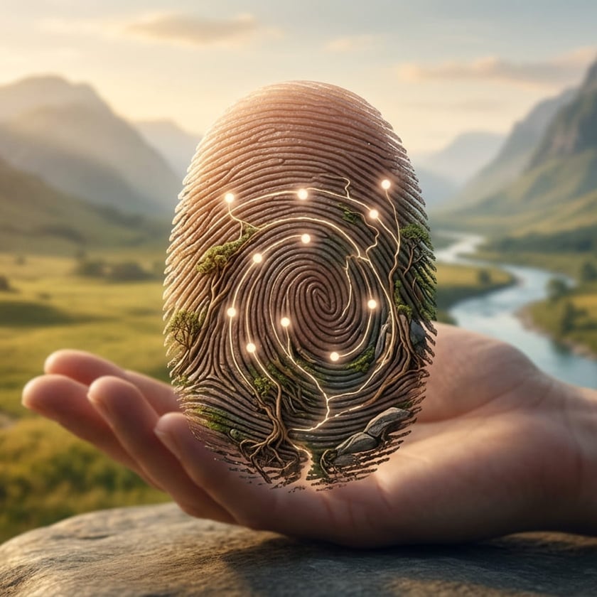 Mão aberta segura uma impressão digital gigante com árvores, raízes e luzes, diante de um vale.