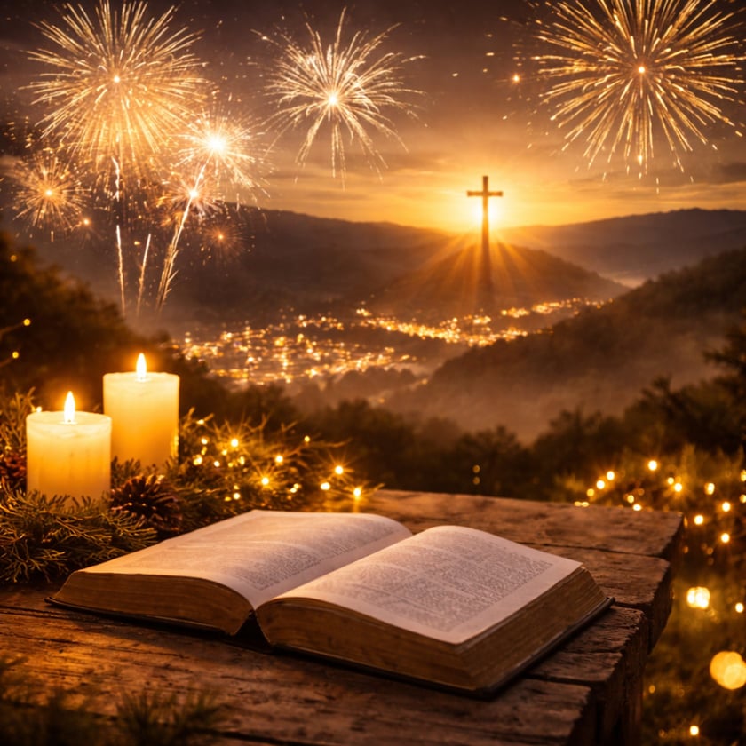 Bíblia aberta e velas acesas numa mesa, com fogos de artifício e cruz sobre vale iluminado.