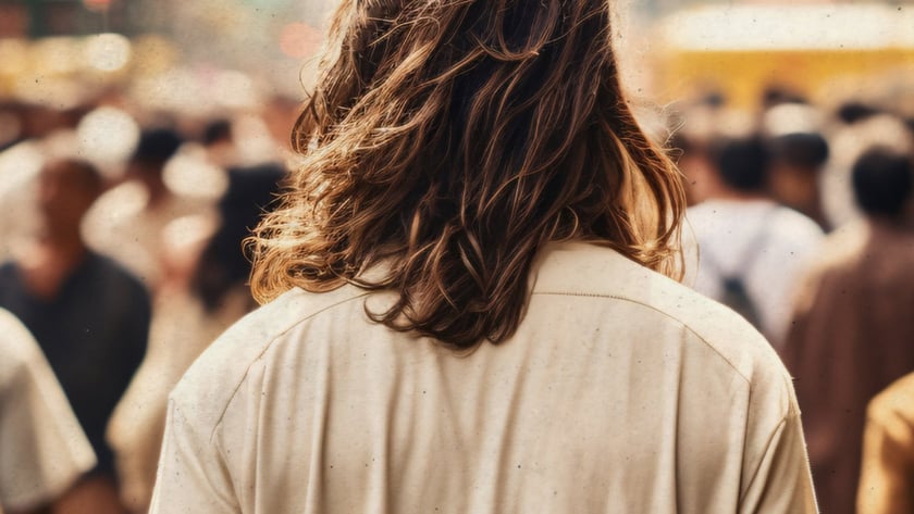 Pessoa de costas, com cabelo castanho ondulado e camisa clara, em meio a uma multidão