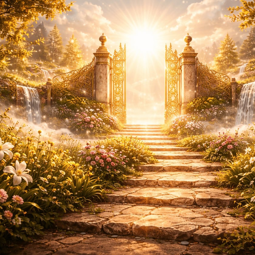 Escadaria de pedra entre flores leva a portões dourados abertos, com cachoeiras ao lado.