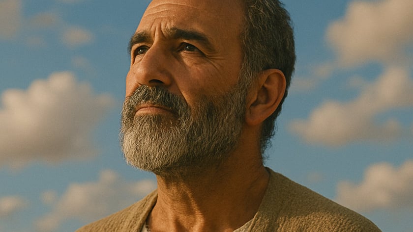 Homem de barba grisalha e túnica bege olha para o alto sob céu azul.