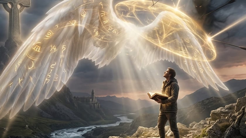 Homem com um livro aberto olha para grandes asas luminosas sobre montanhas e um rio.