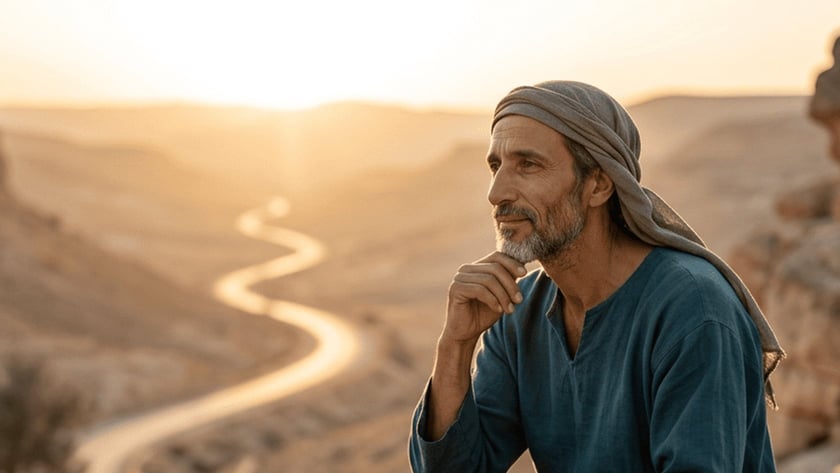 Homem de túnica azul e lenço na cabeça senta numa rocha no deserto.