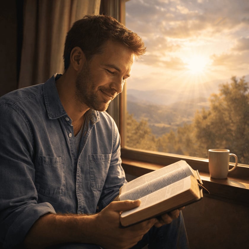 Homem de camisa jeans lê um livro grosso ao lado de uma janela com montanhas.