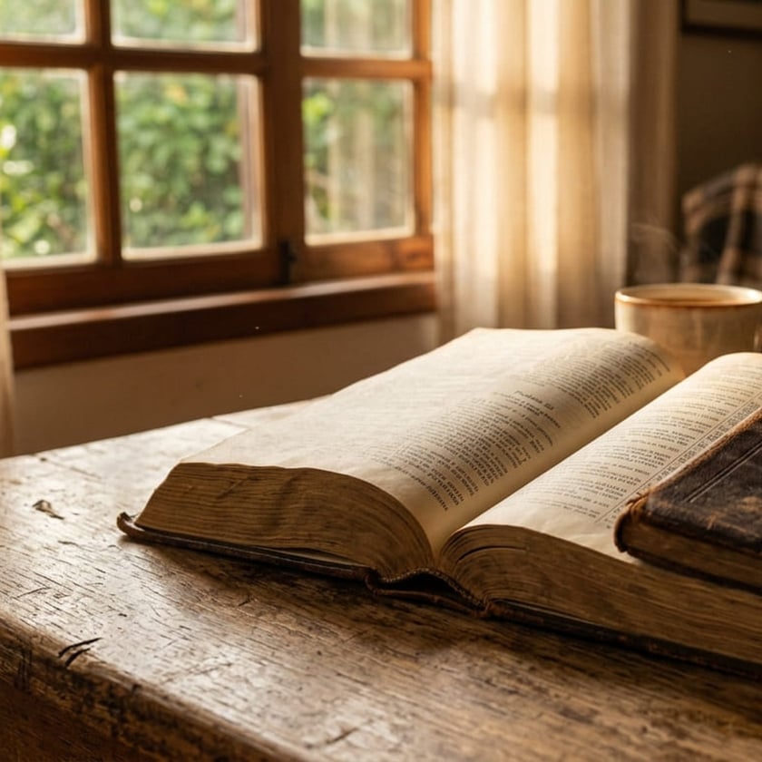 Livro antigo aberto sobre mesa de madeira, perto de uma xícara e de uma janela.