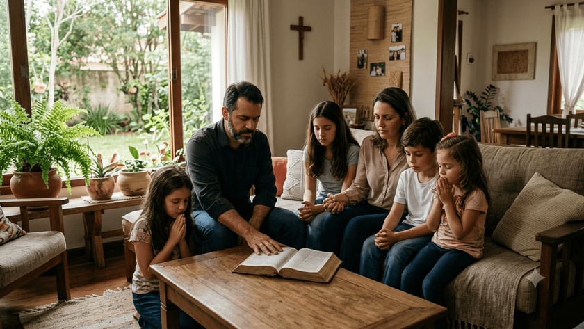 Pai e duas filhas rezam na sala, com uma Bíblia aberta sobre a mesa.