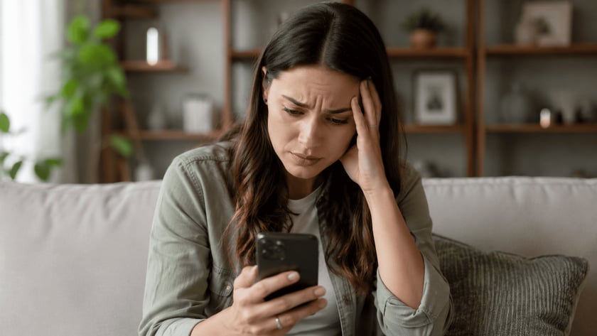 Mulher de cabelo escuro sentada no sofá, olhando o celular com a mão na testa.