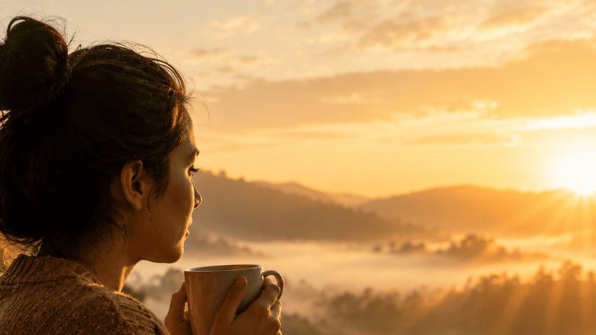 Mulher de coque e suéter segura uma caneca numa varanda, olhando as montanhas ao amanhecer.
