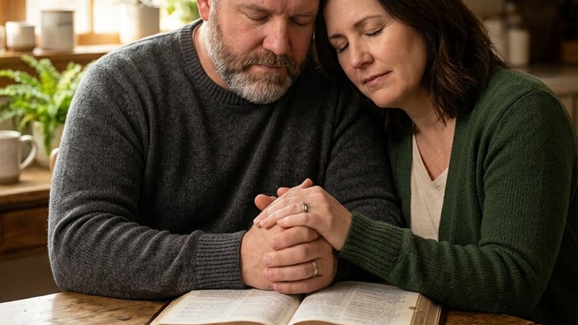 Casal de olhos fechados, cabeças encostadas e mãos unidas sobre uma Bíblia aberta na mesa.