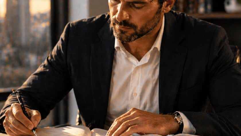 Homem de blazer escuro escreve em caderno ao lado de livro aberto e notebook, perto da janela.
