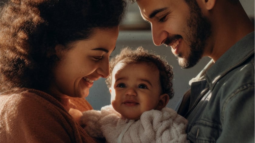 Mulher de cabelo cacheado e homem barbudo sorriem para um bebê no colo deles.