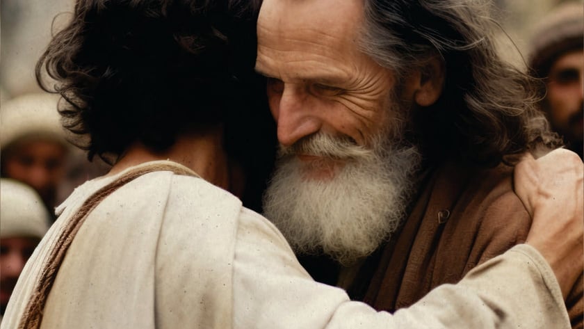 Dois homens de túnicas simples se abraçam, um idoso de barba branca sorrindo