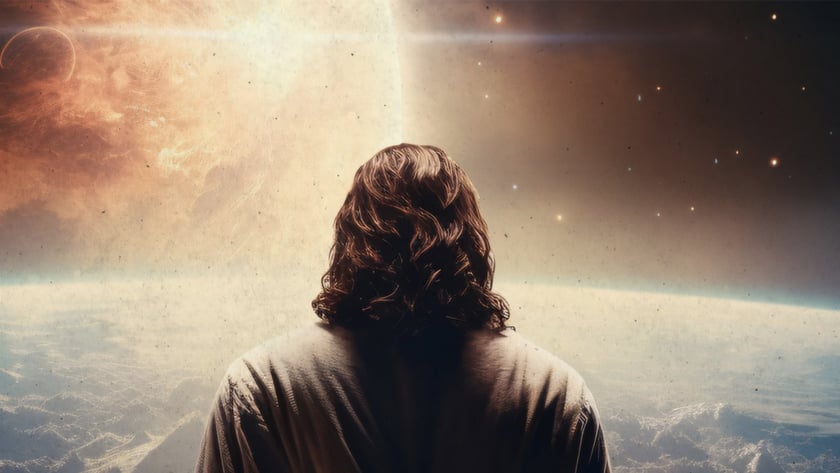 Homem de costas, cabelo ondulado e túnica, olha a Terra e um planeta no espaço.