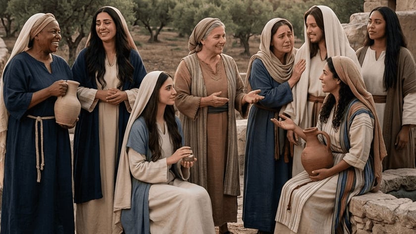 Oito mulheres de túnicas e véus conversam ao entardecer perto de um poço, com oliveiras ao fundo.