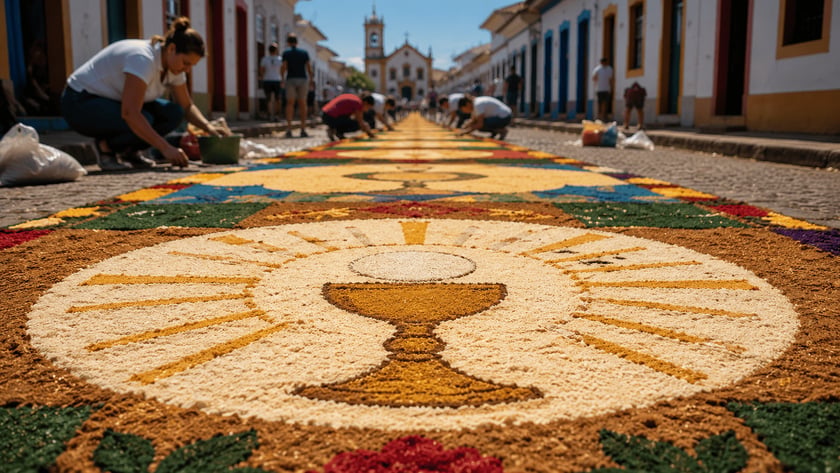 Pessoas agachadas montam tapete colorido com cálice dourado em rua de casarões e igreja.