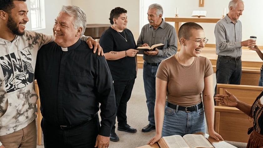 Pessoas conversam em uma capela com cruz de madeira; um padre sorri e uma jovem ri.
