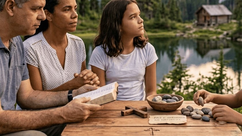 Família ao redor de mesa de madeira, com Bíblia, cruz e pedras, diante de lago e montanhas.