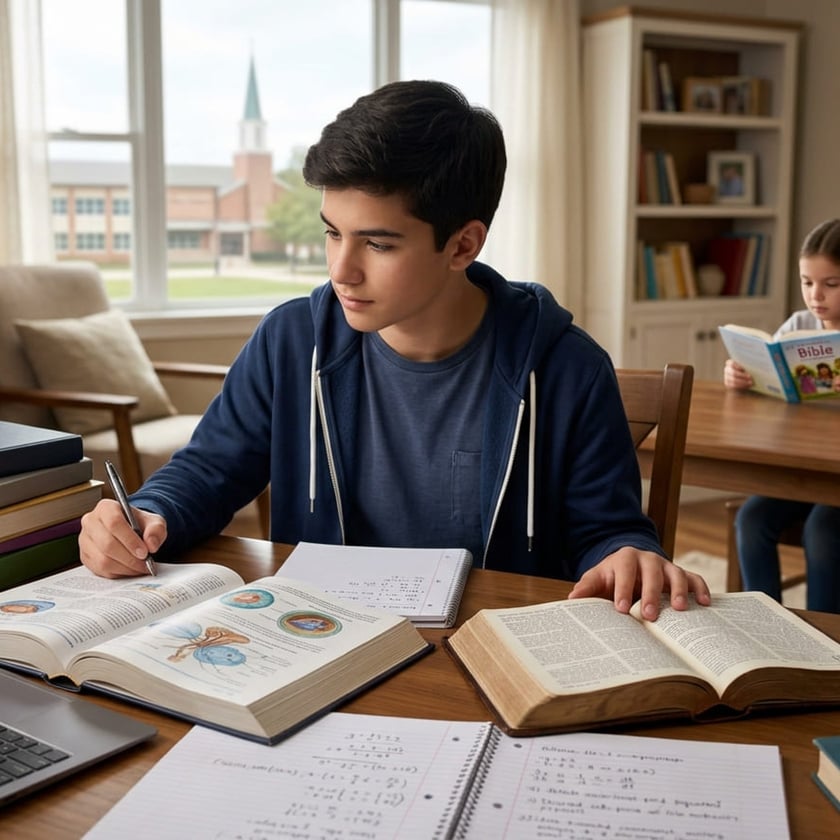 Adolescente estuda à mesa com livros e cadernos, enquanto uma criança lê um livro ao fundo.