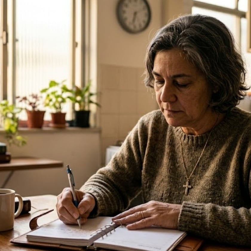 Mulher grisalha de suéter escreve em uma agenda sobre a mesa, perto da janela.