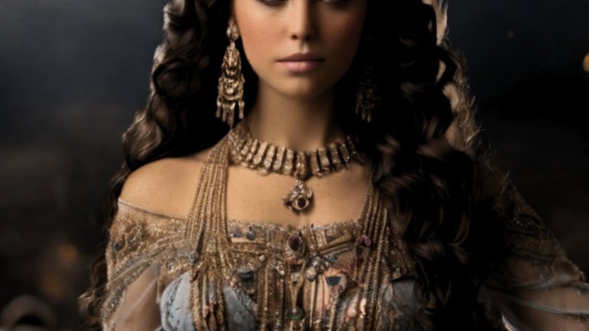 Mulher de cabelos escuros e ondulados usa coroa dourada, joias vistosas e vestido bordado.