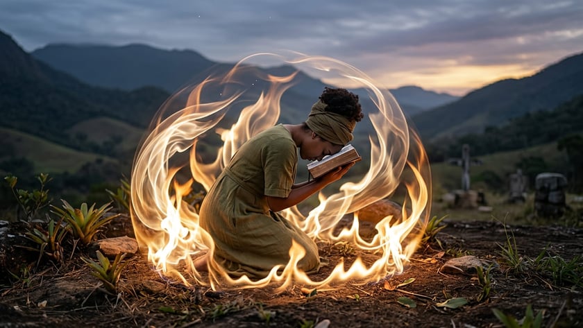 Mulher ajoelhada com a testa apoiada em um livro, cercada por chamas, em um morro.