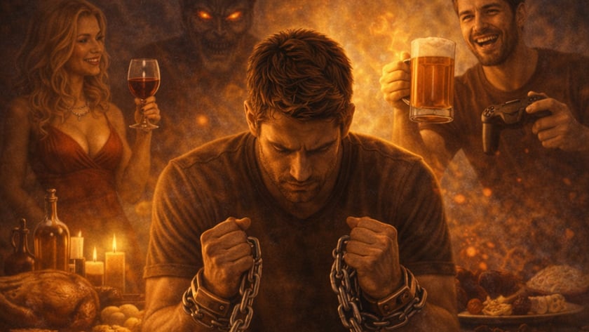 Homem acorrentado lê a Bíblia, cercado por mulher com vinho, homem com cerveja e um demônio.