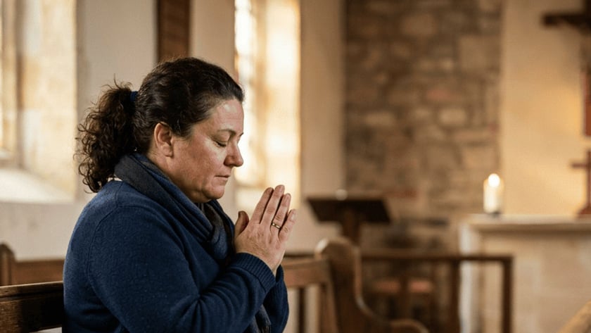 Mulher de suéter azul reza com as mãos juntas em um banco de igreja antiga.