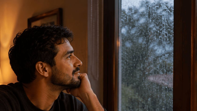 Homem de barba apoia o queixo na mão e olha pela janela chuvosa