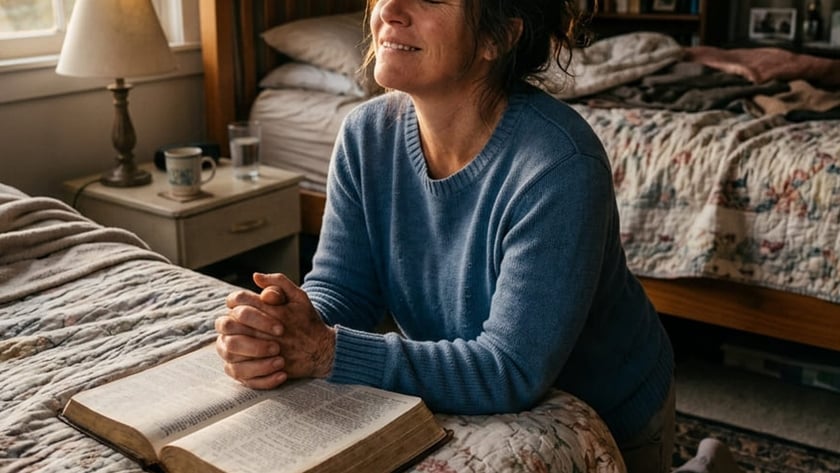 Mulher de suéter azul com as mãos unidas sobre uma Bíblia aberta na cama.
