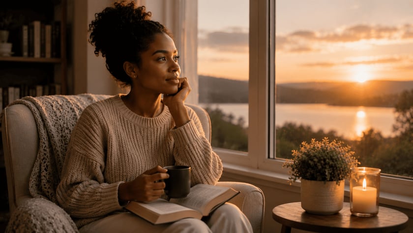 Mulher de suéter numa poltrona, com caneca e livro aberto, olha o pôr do sol no lago.