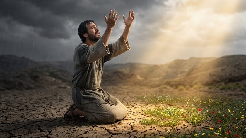 Homem ajoelhado em terra rachada ergue os braços ao céu, perto de flores silvestres.