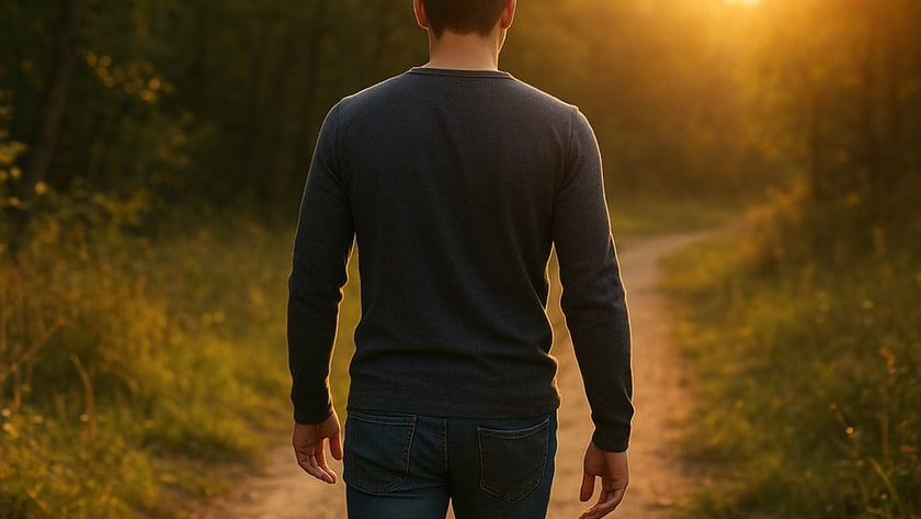 Homem de costas, de camisa escura e jeans, caminha por uma trilha de terra na mata.