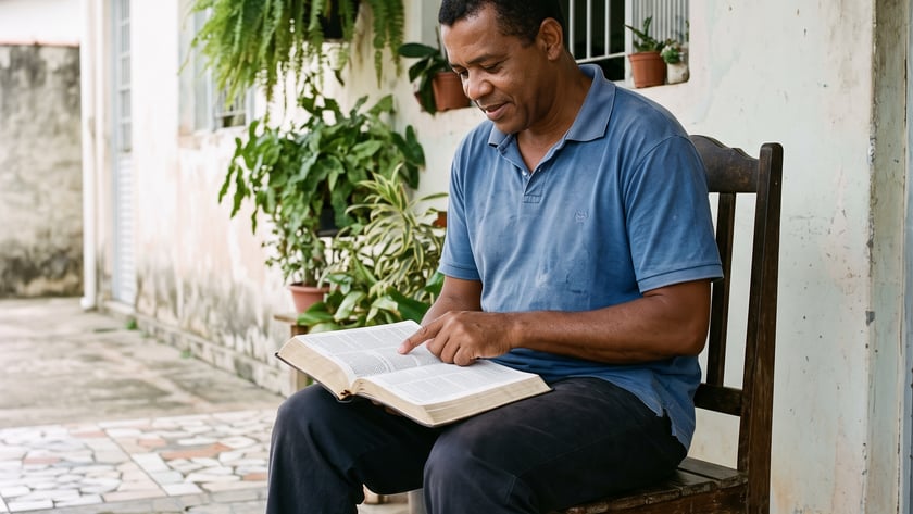 Homem sentado em uma cadeira de madeira, lendo um livro aberto na varanda de uma casa com plantas.