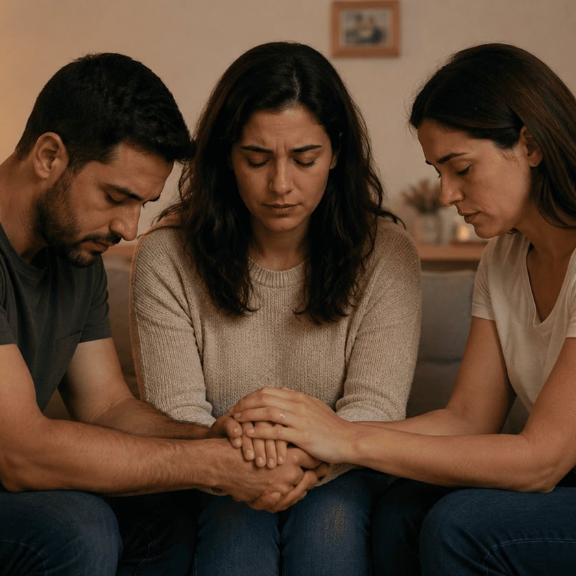 Duas mulheres e um homem sentados no sofá, de mãos unidas, de olhos fechados.