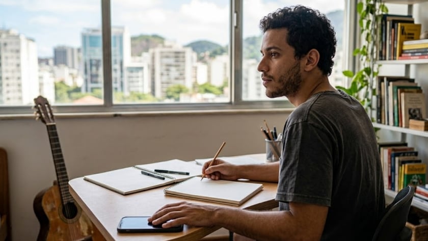 Homem de cabelo cacheado desenha em caderno ao lado de uma janela com prédios.