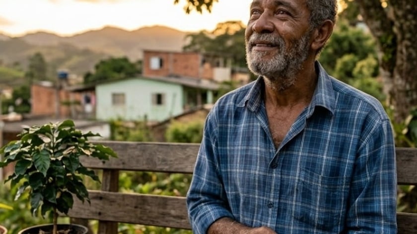 Homem idoso de barba grisalha sentado num banco com uma Bíblia aberta no colo, olhando para cima.