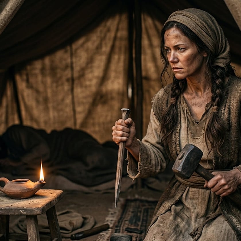 Mulher de lenço na cabeça segura uma estaca e um martelo dentro de uma tenda.