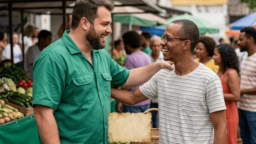 Dois homens sorriem e se cumprimentam em uma feira de rua movimentada, com barracas ao fundo.