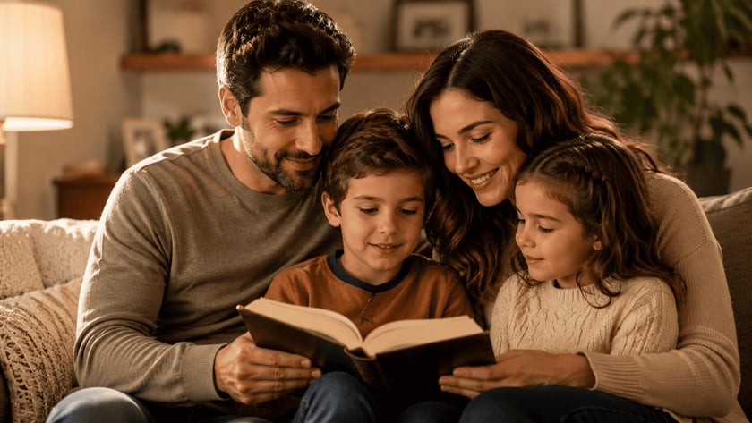 Pai, mãe, menino e menina sorriem enquanto leem juntos um livro grande no sofá.