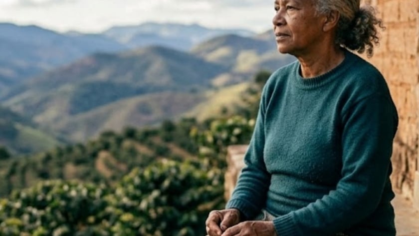 Idosa de suéter verde segura um terço de cruz, sentada diante de casa de tijolos, olhando montanhas.