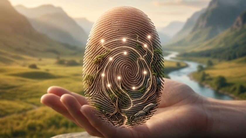 Mão aberta segura uma impressão digital gigante com árvores, raízes e luzes, diante de um vale.