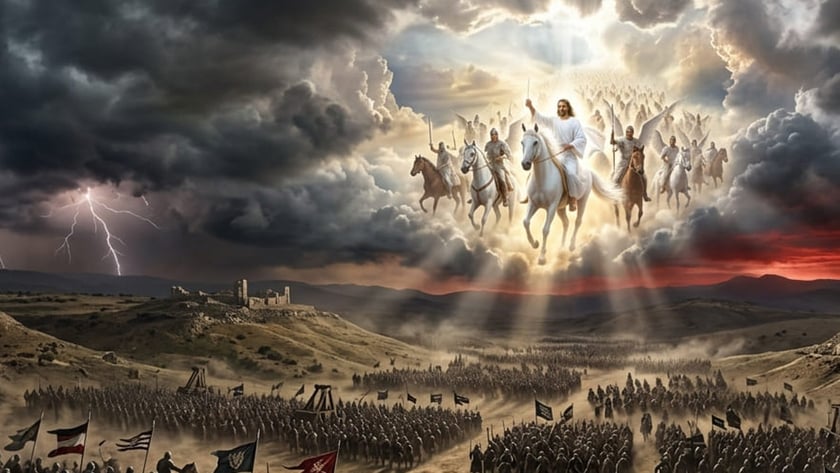 Figura de branco num cavalo branco desce das nuvens com cavaleiros sobre exército em campo