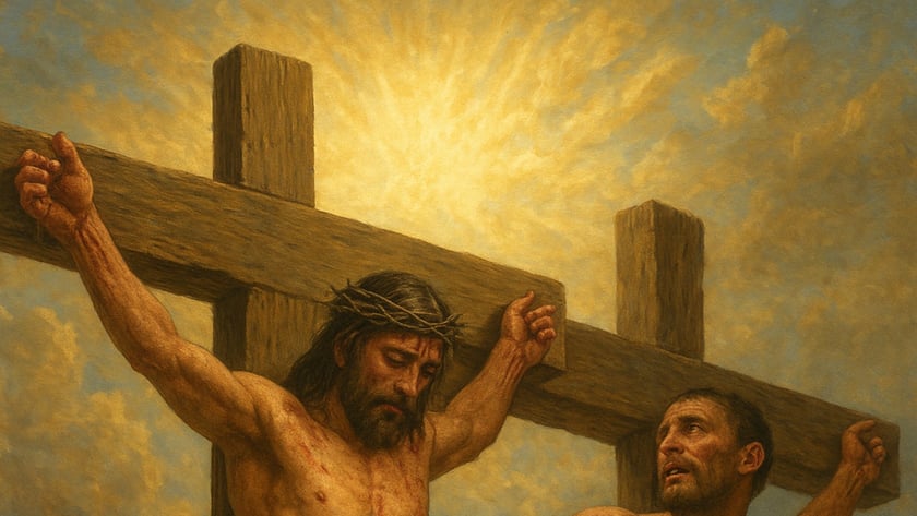 Dois homens seminus crucificados em cruzes de madeira; um tem coroa de espinhos e o outro olha